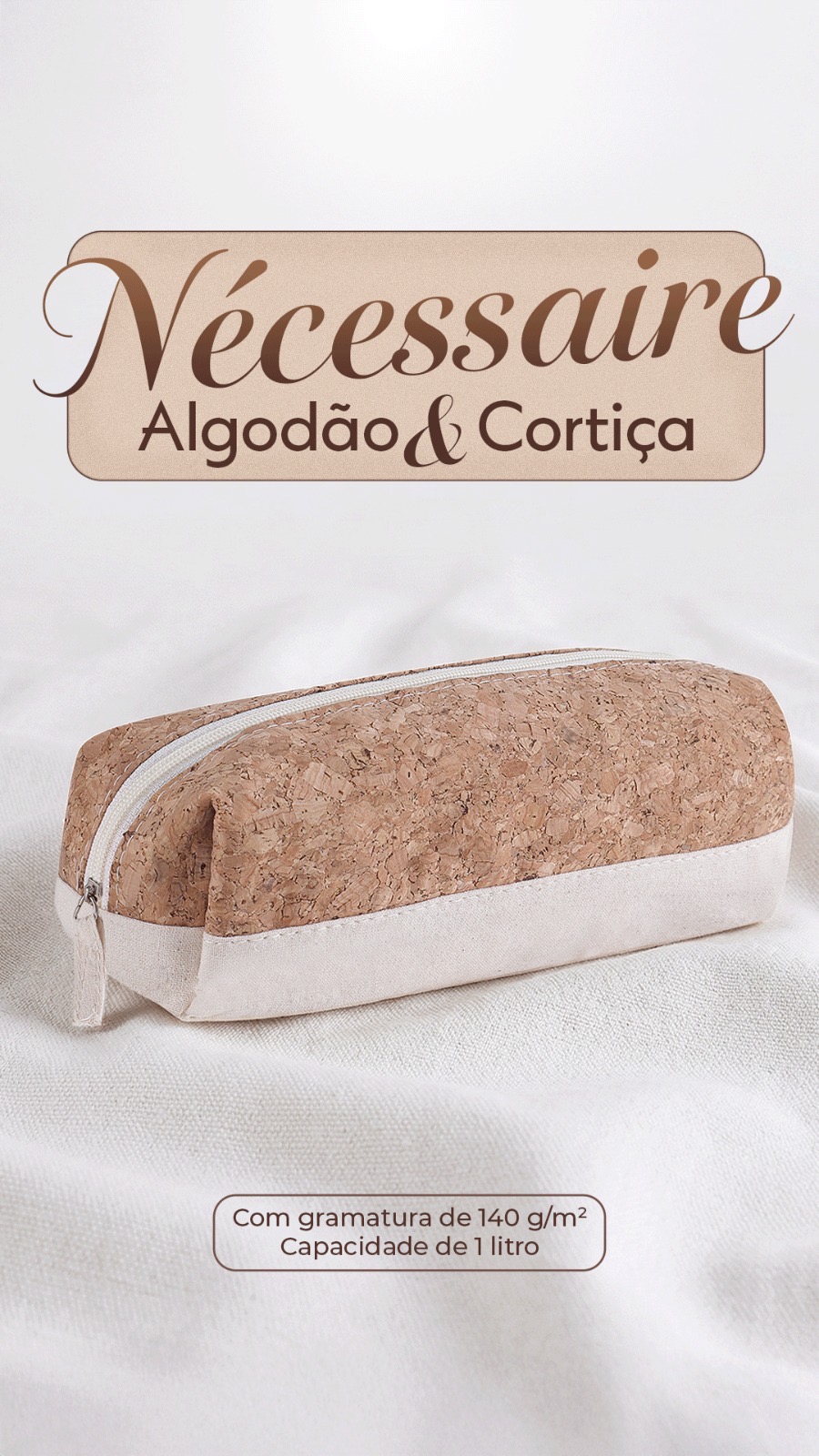 Nécessaire em algodão 140g/m2 cru com detalhe em cortiça.